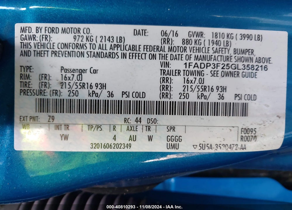2016 FORD FOCUS SE VIN: 1FADP3F25GL358216