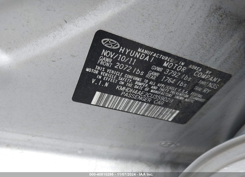 2012 HYUNDAI ELANTRA LIMITED (ULSAN PLANT) VIN: KMHDH4AE2CU359029