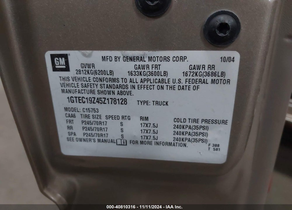 2005 GMC SIERRA 1500 SLT VIN: 1GTEC19Z45Z178128
