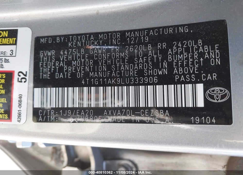 2020 TOYOTA CAMRY SE VIN: 4T1G11AK9LU333906