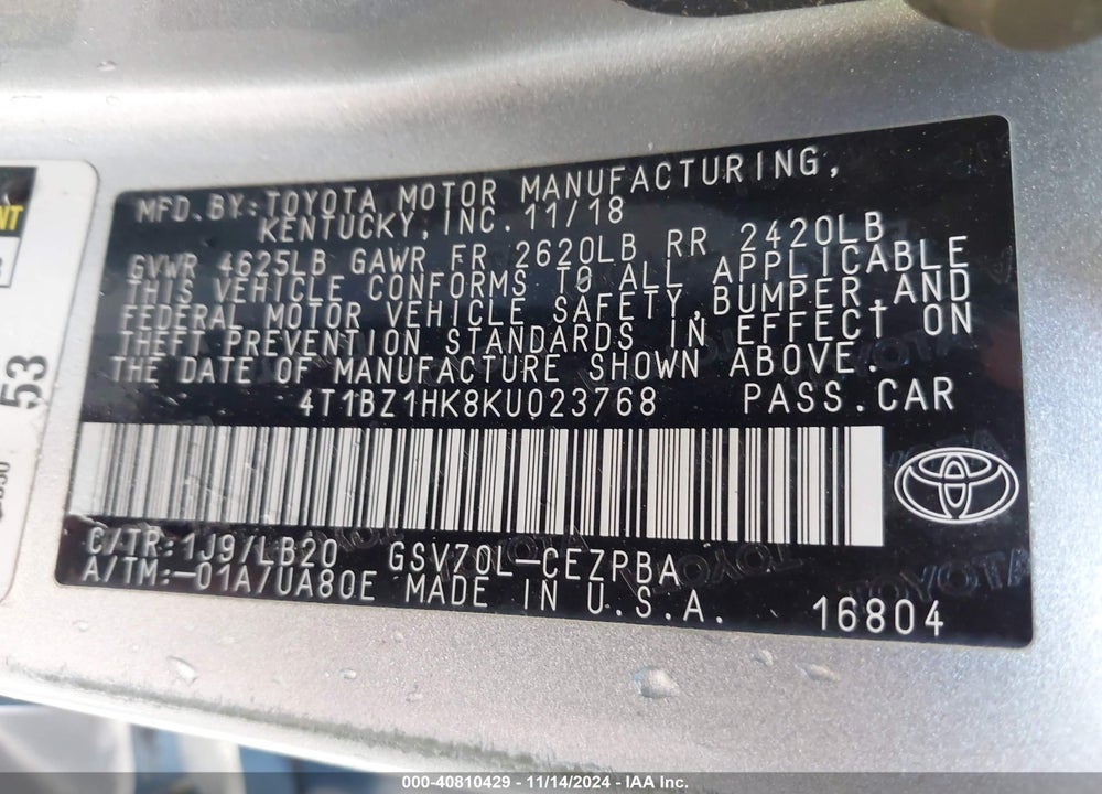 2019 TOYOTA CAMRY VIN: 4T1BZ1HK8KU023768