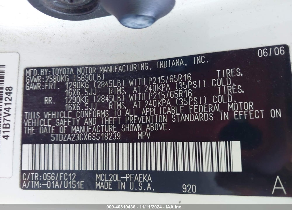 2006 TOYOTA SIENNA LE VIN: 5TDZA23CX6S518239