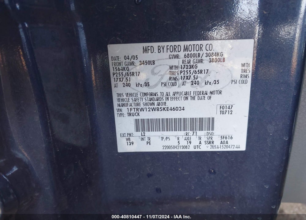 2005 FORD F-150 XLT VIN: 1FTRW12W85KE46034