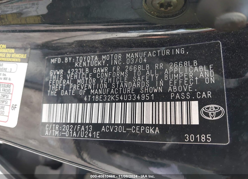 2004 TOYOTA CAMRY XLE VIN: 4T1BE32K54U334951