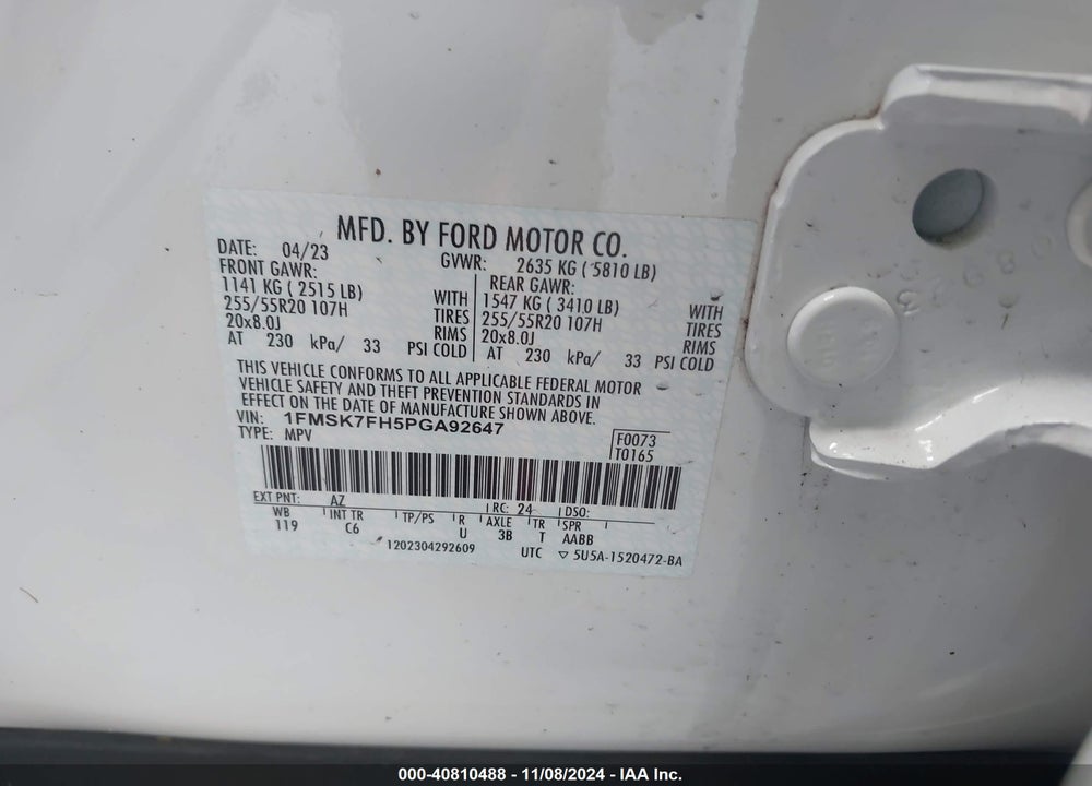 2023 FORD EXPLORER LIMITED VIN: 1FMSK7FH5PGA92647