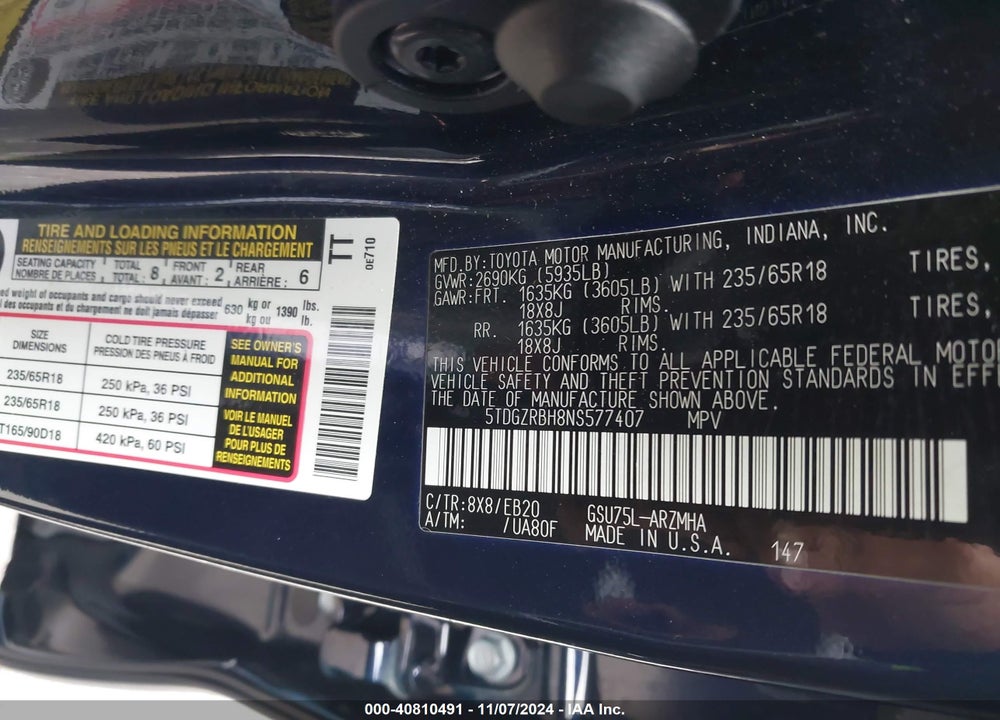 2022 TOYOTA HIGHLANDER XLE VIN: 5TDGZRBH8NS577407