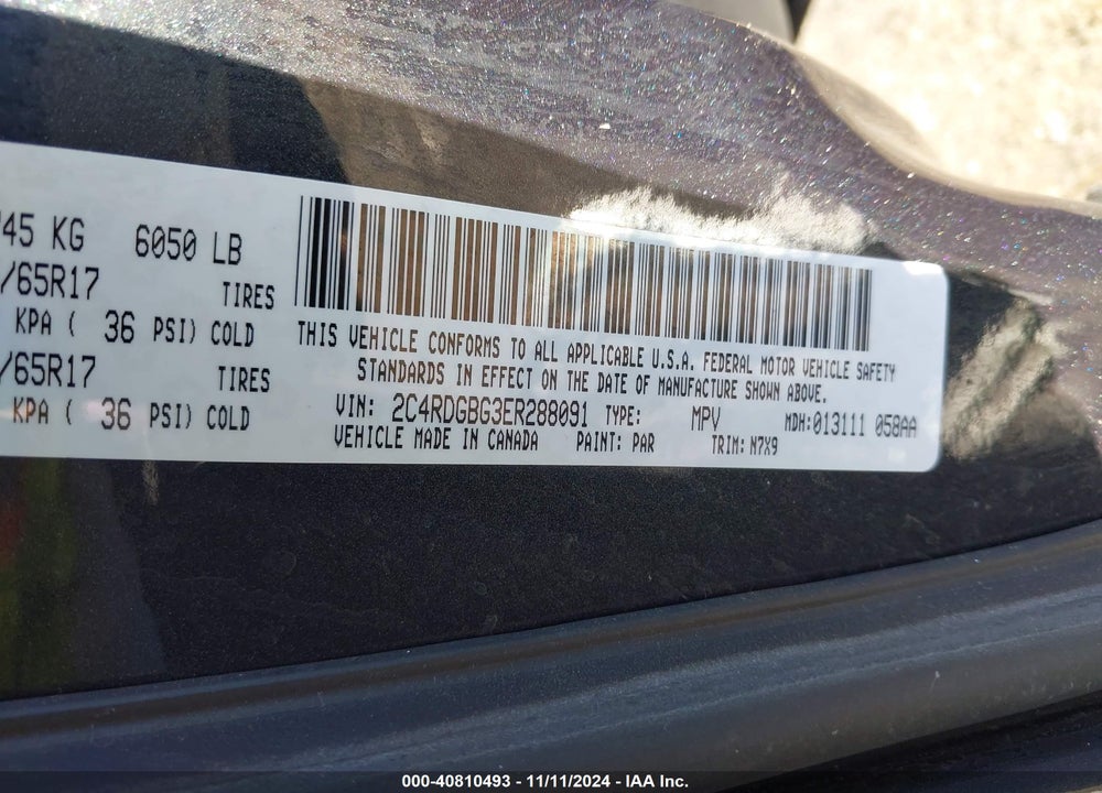 2014 DODGE GRAND CARAVAN VIN: 2C4RDGBG3ER288091
