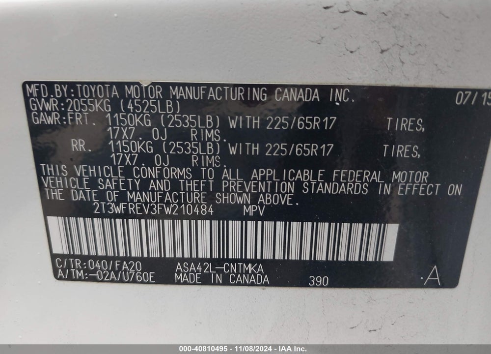 2015 TOYOTA RAV4 XLE VIN: 2T3WFREV3FW210484