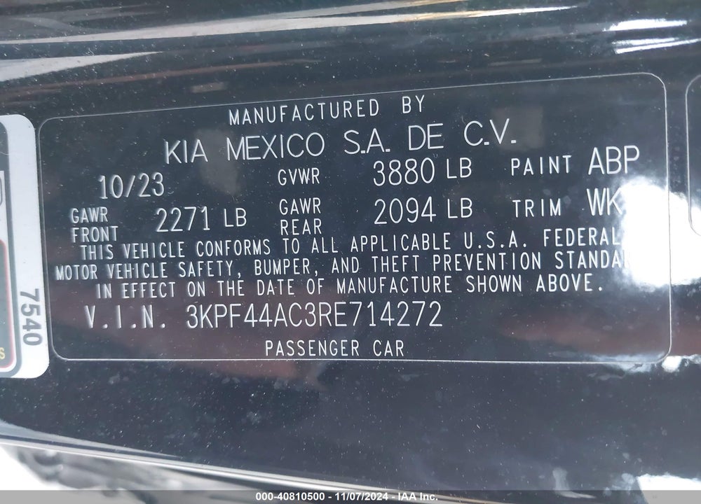 2024 KIA FORTE VIN: 3KPF44AC3RE714272