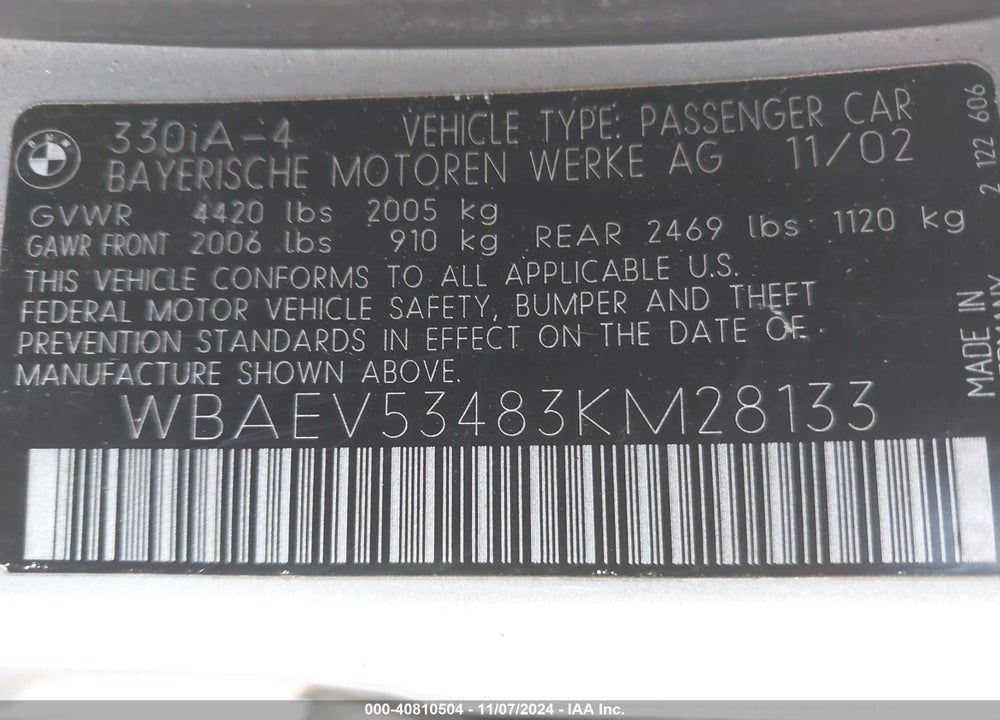 2003 BMW 330I VIN: WBAEV53483KM28133