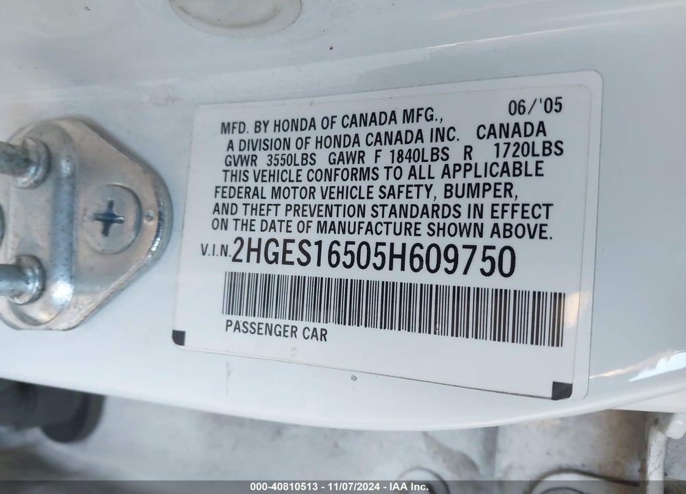 2005 HONDA CIVIC LX VIN: 2HGES16505H609750