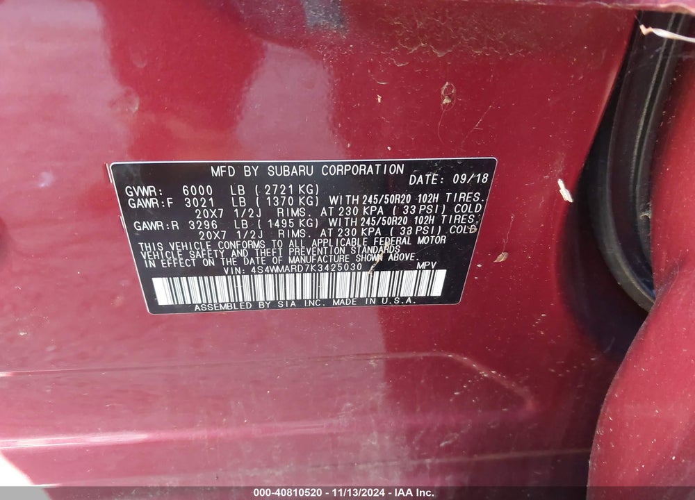 2019 SUBARU ASCENT TOURING VIN: 4S4WMARD7K3425030