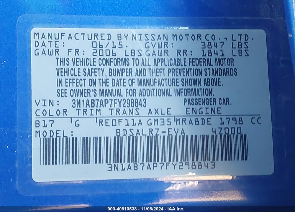 2015 NISSAN SENTRA SR VIN: 3N1AB7AP7FY298843