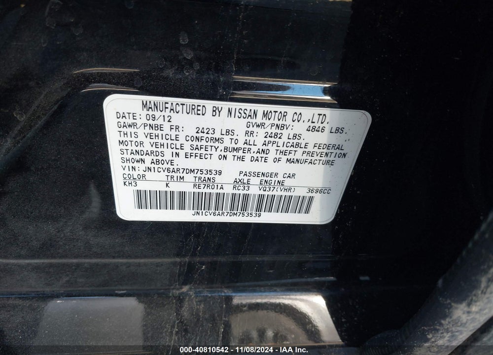 2013 INFINITI G37X VIN: JN1CV6AR7DM753539