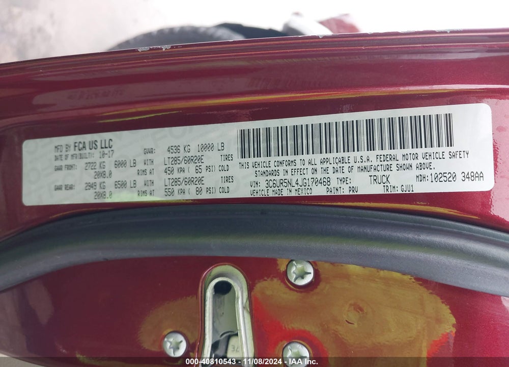 2018 RAM 2500 LAIE MEGA CAB 4X4 6'4 BOX VIN: 3C6UR5NL4JG170468