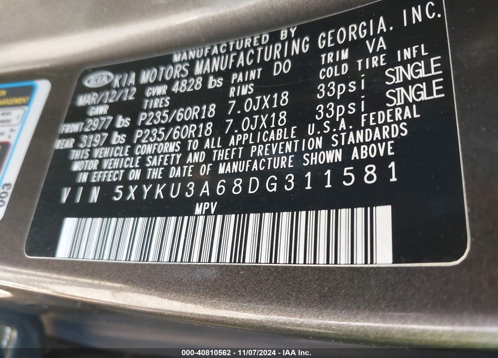 2013 KIA SORENTO EX VIN: 5XYKU3A68DG311581