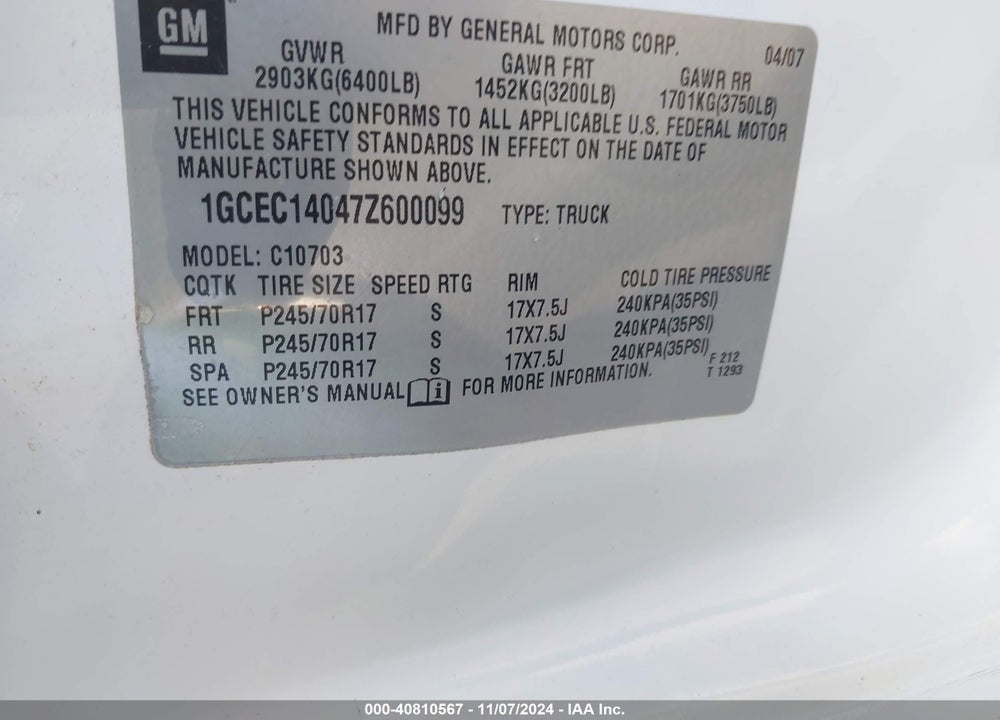 2007 CHEVROLET SILVERADO 1500 WORK TRUCK VIN: 1GCEC14047Z600099