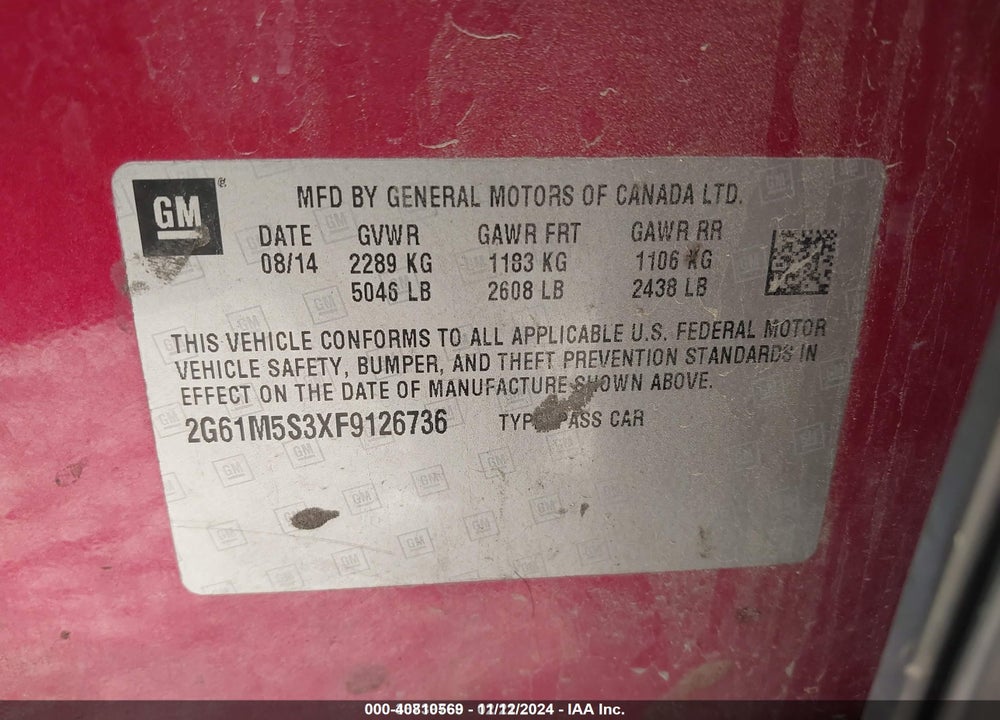 2015 CADILLAC XTS VIN: 2G61M5S3XF9126736