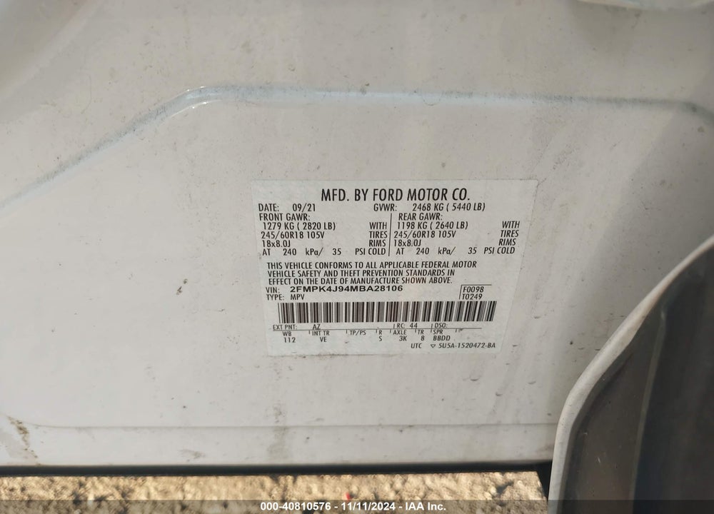 2021 FORD EDGE SEL VIN: 2FMPK4J94MBA28106