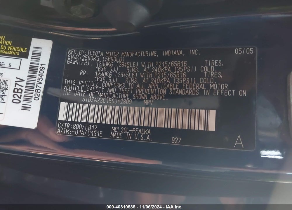 2005 TOYOTA SIENNA LE VIN: 5TDZA23C15S342809