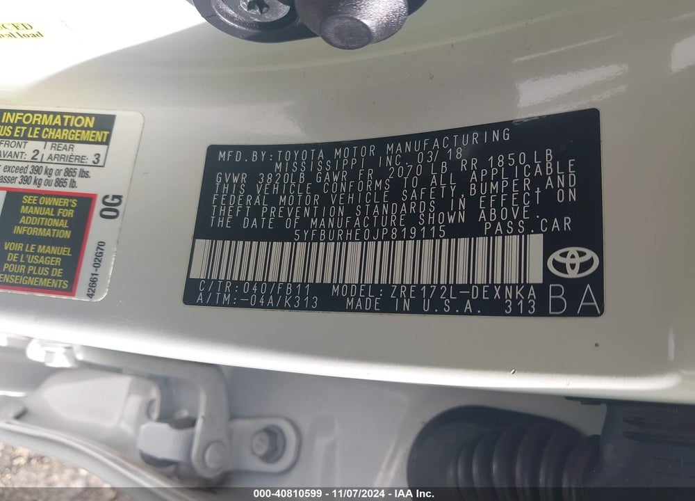 2018 TOYOTA COROLLA LE VIN: 5YFBURHE0JP819115