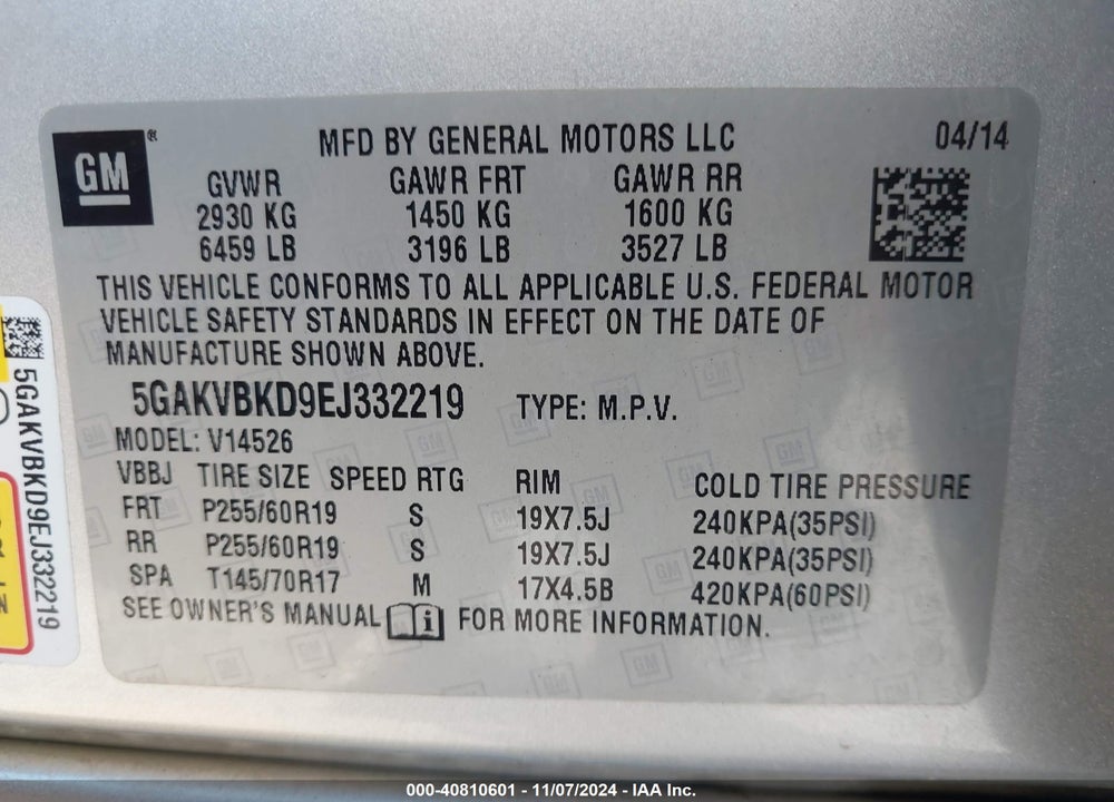 2014 BUICK ENCLAVE LEATHER VIN: 5GAKVBKD9EJ332219