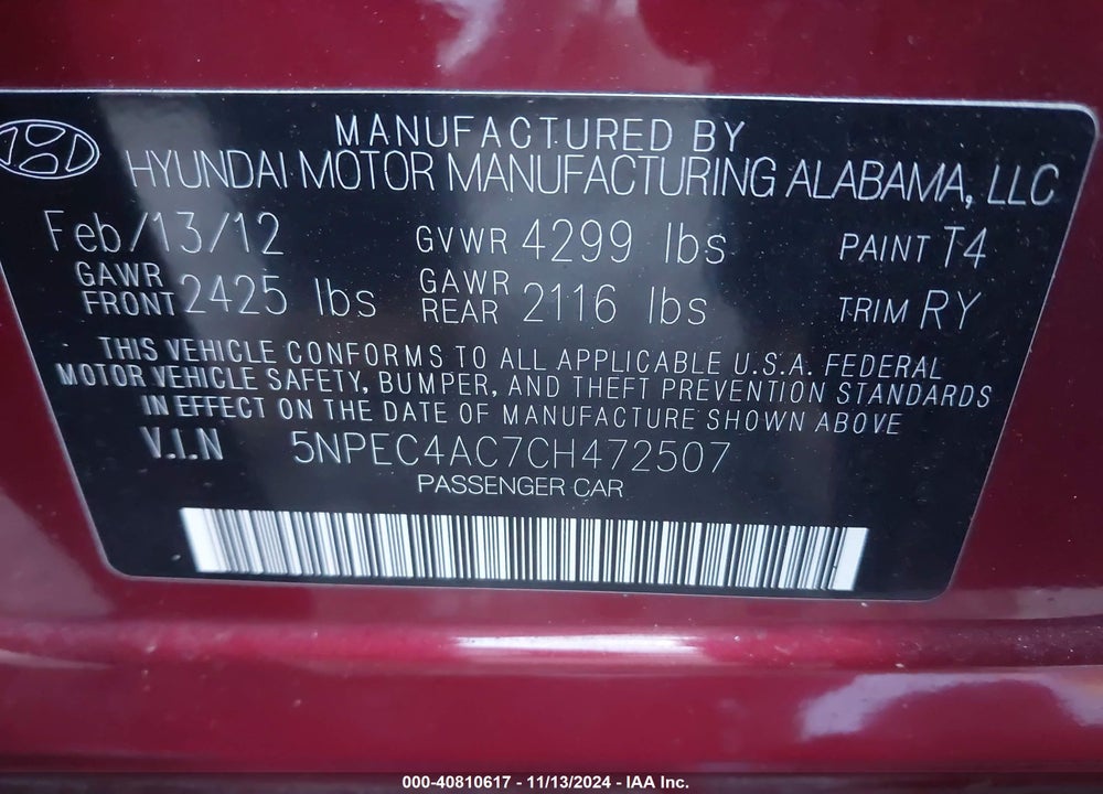 2012 HYUNDAI SONATA SE VIN: 5NPEC4AC7CH472507
