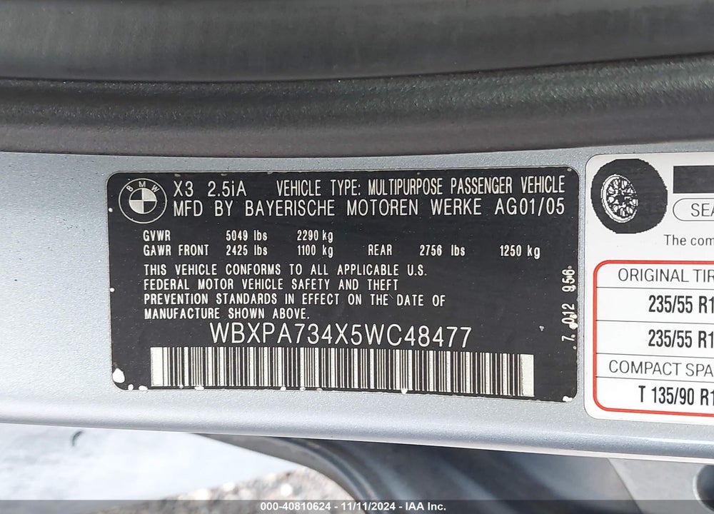 2005 BMW X3 2.5I VIN: WBXPA734X5WC48477