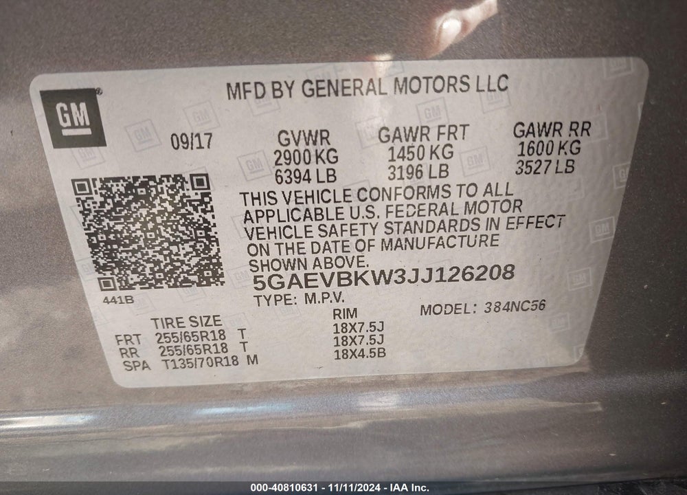 2018 BUICK ENCLAVE PREMIUM VIN: 5GAEVBKW3JJ126208