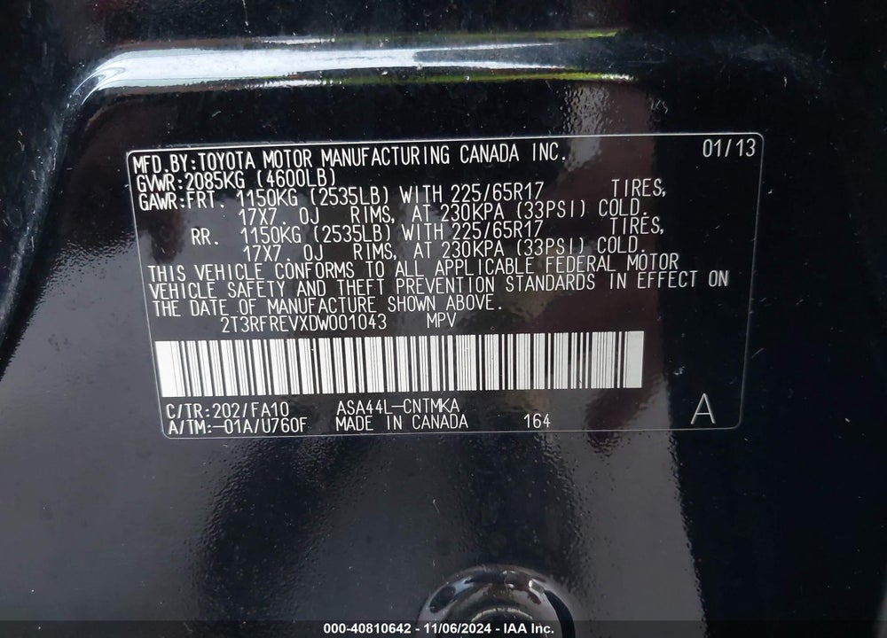 2013 TOYOTA RAV4 XLE VIN: 2T3RFREVXDW001043