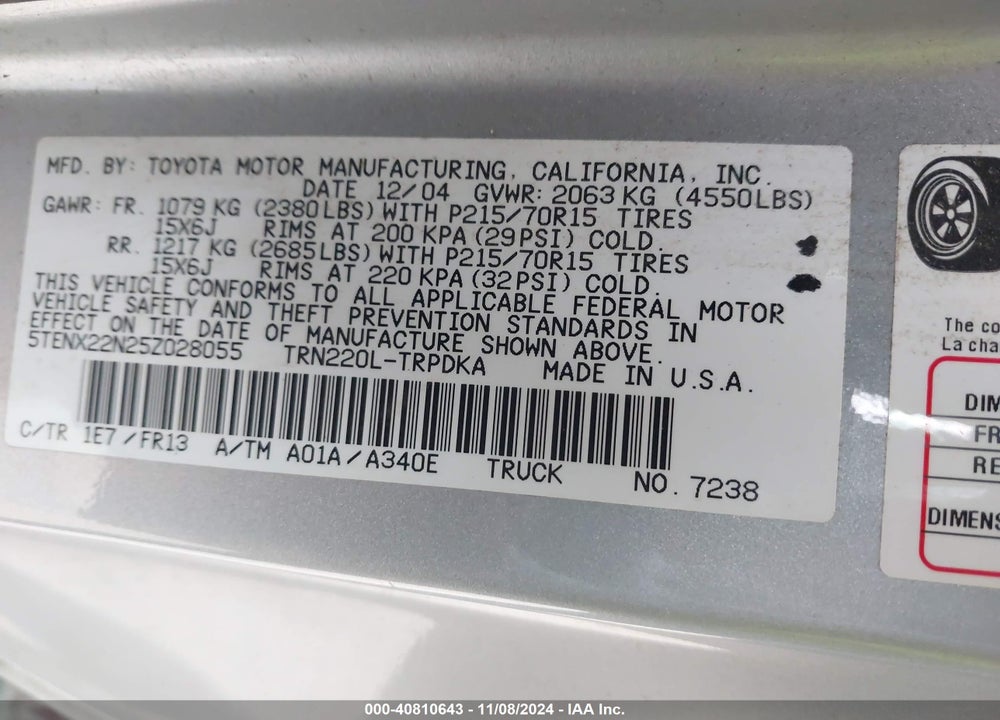 2005 TOYOTA TACOMA VIN: 5TENX22N25Z028055