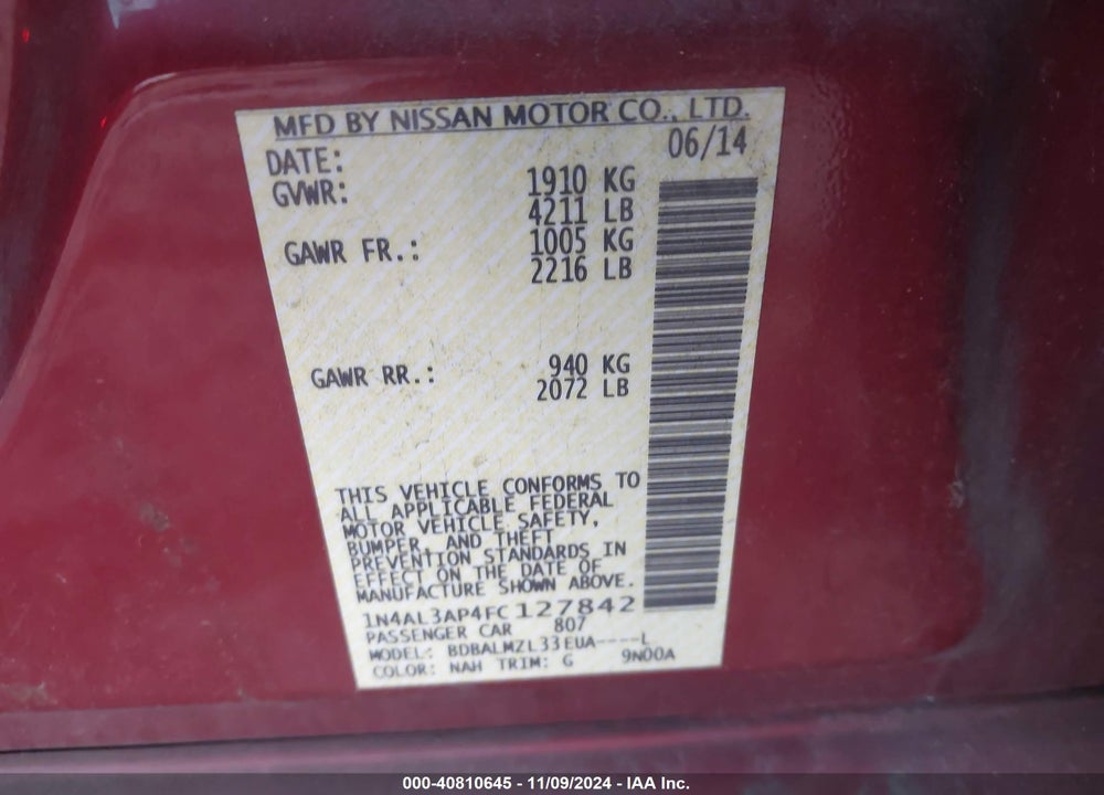 2015 NISSAN ALTIMA 2.5 SV VIN: 1N4AL3AP4FC127842
