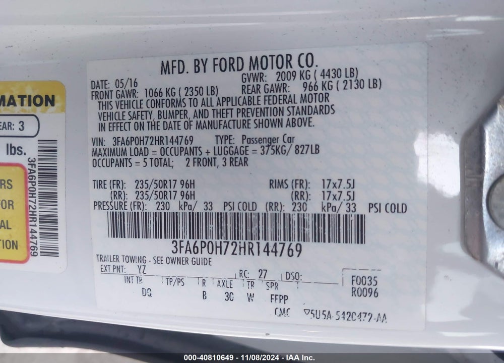 2017 FORD FUSION VIN: 3FA6P0H72HR144769