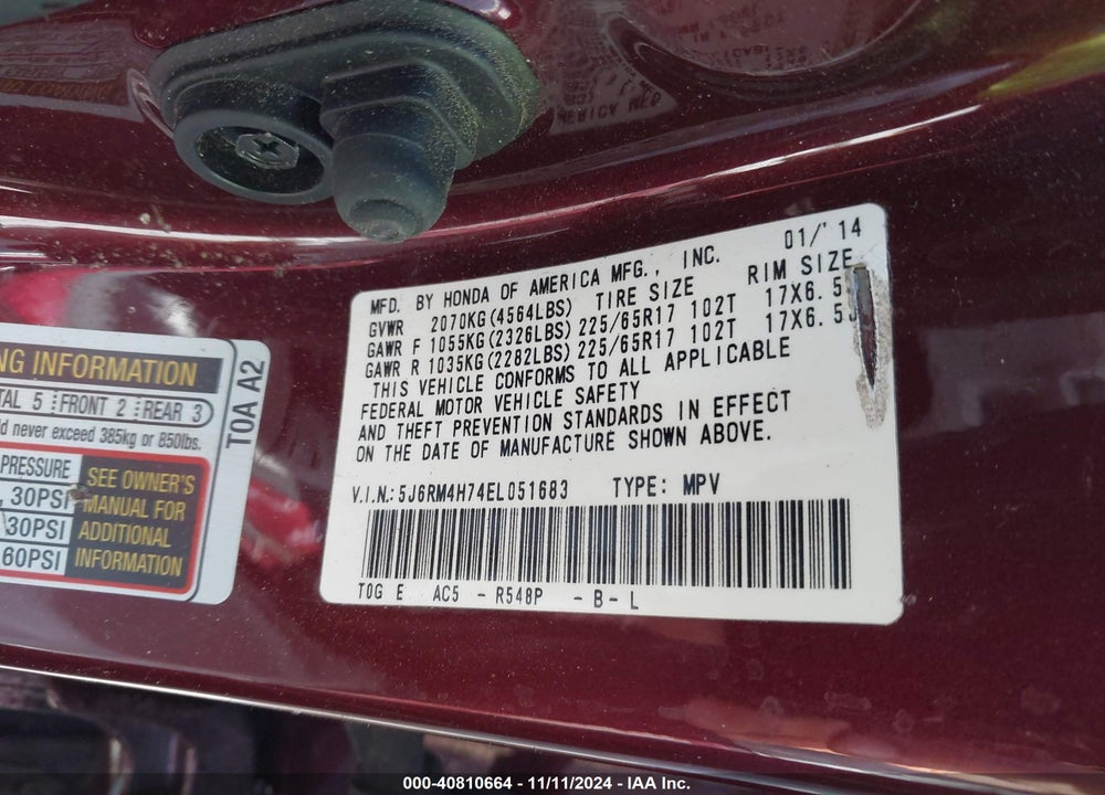 2014 HONDA CR-V EX-L VIN: 5J6RM4H74EL051683