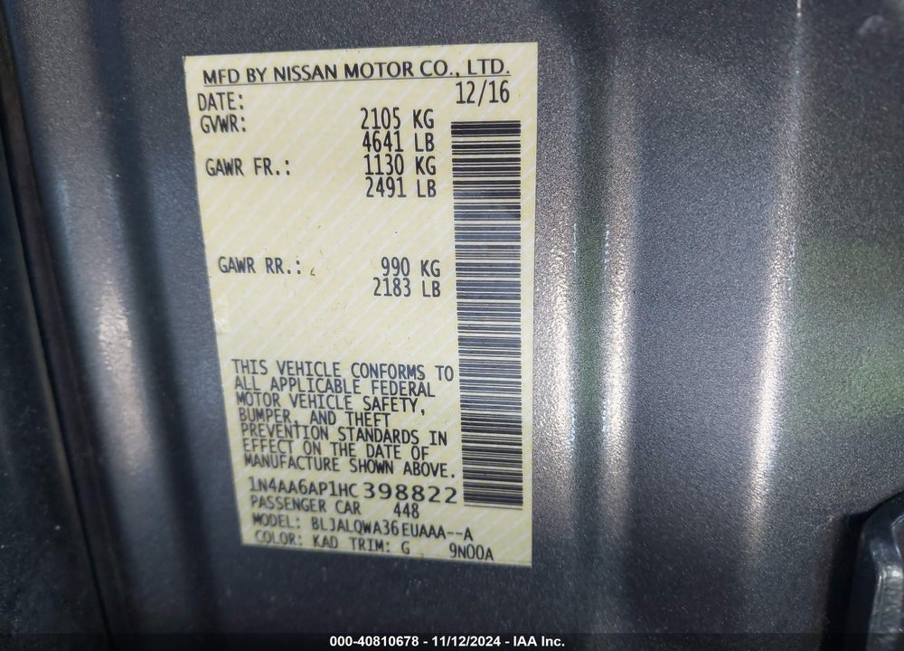 2017 NISSAN MAXIMA 3.5 S VIN: 1N4AA6AP1HC398822