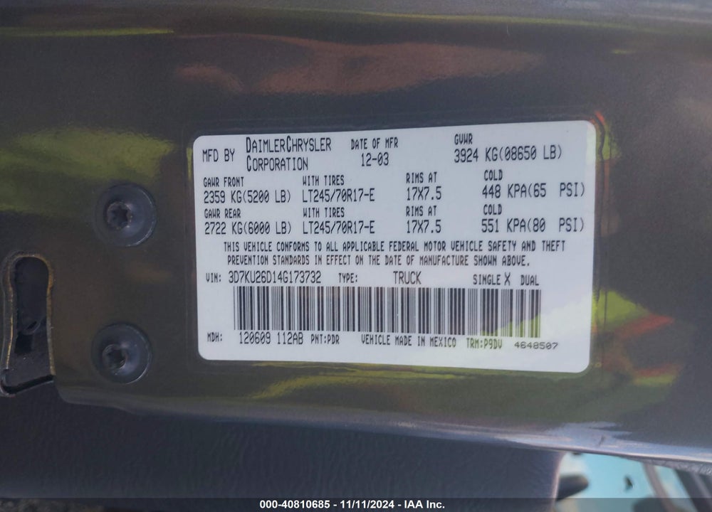 2004 DODGE RAM 2500 ST VIN: 3D7KU26D14G173732