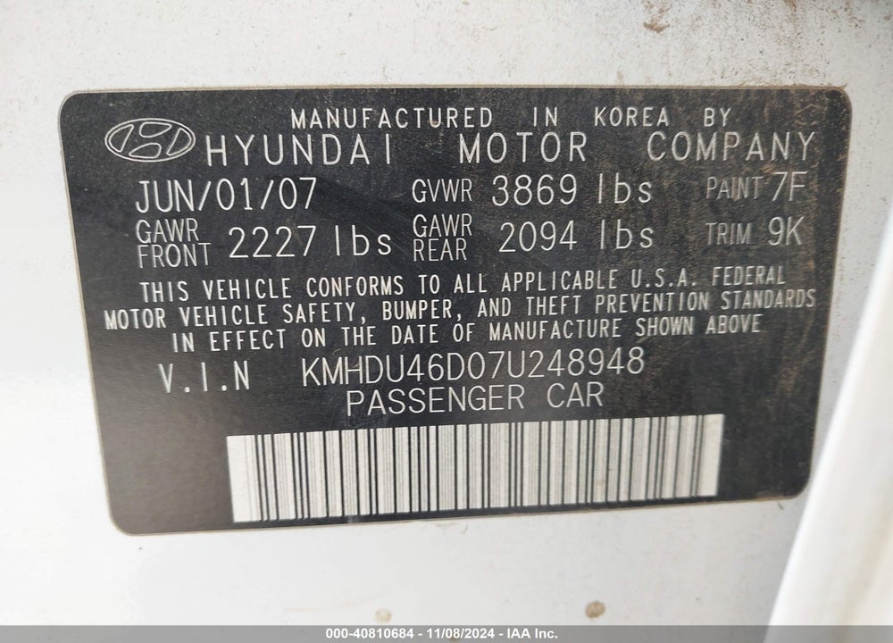 2007 HYUNDAI ELANTRA GLS/LIMITED/SE VIN: KMHDU46D07U248948