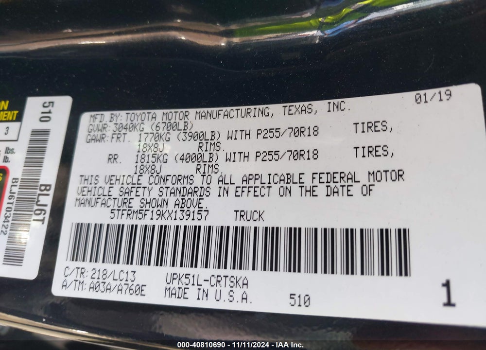 2019 TOYOTA TUNDRA SR 4.6L V8 VIN: 5TFRM5F19KX139157