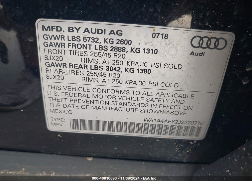 2018 AUDI SQ5 3.0T PREMIUM PLUS VIN: WA1A4AFY2J2220770