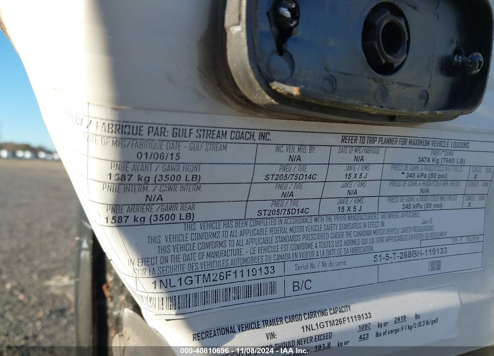 2015 GULFSTREAM AMERILITE VIN: 1NL1GTM26F1119133