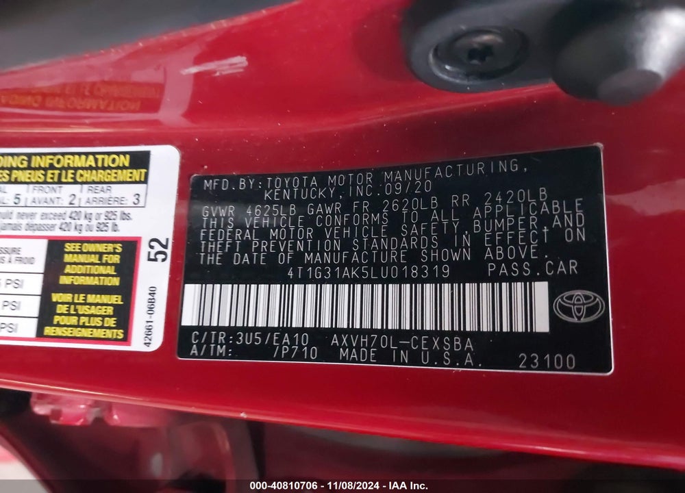 2020 TOYOTA CAMRY SE HYBRID VIN: 4T1G31AK5LU018319