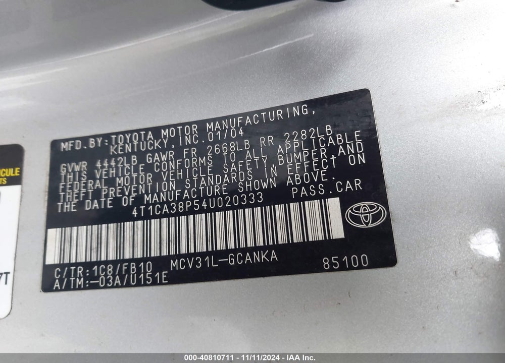 2004 TOYOTA CAMRY SOLARA SE V6 VIN: 4T1CA38P54U020333