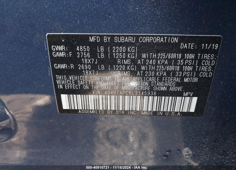 2020 SUBARU OUTBACK VIN: 4S4BTAPC6L3145936