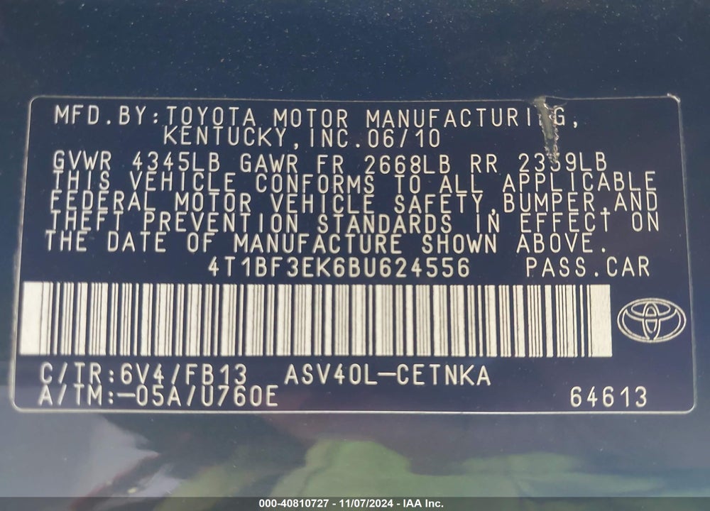 2011 TOYOTA CAMRY LE VIN: 4T1BF3EK6BU624556