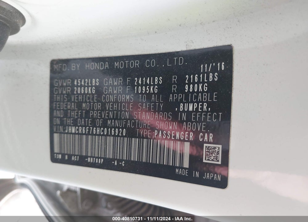 2017 HONDA ACCORD HYBRID TOURING VIN: JHMCR6F76HC016920