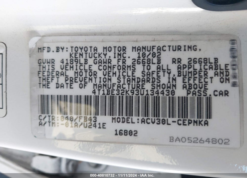 2003 TOYOTA CAMRY LE VIN: 4T1BE32K93U134430