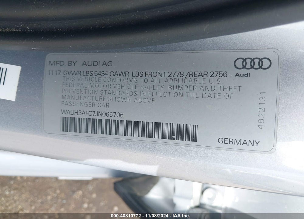 2018 AUDI A6 3.0T PREMIUM VIN: WAUH3AFC7JN065706