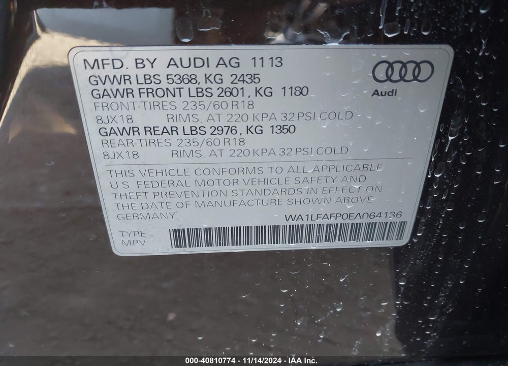 2014 AUDI Q5 2.0T PREMIUM VIN: WA1LFAFP0EA064136