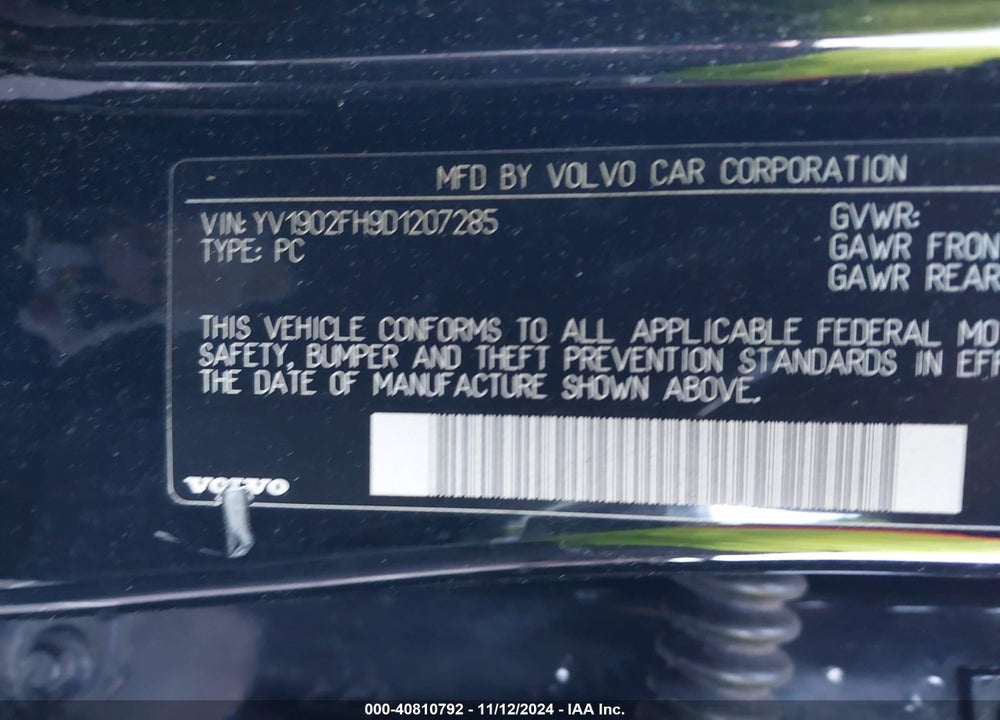 2013 VOLVO S60 T6/T6 PLATINUM/T6 PREMIER PLUS/T6 R-DESIGN/T6 R-DESIGN PLATINUM VIN: YV1902FH9D1207285
