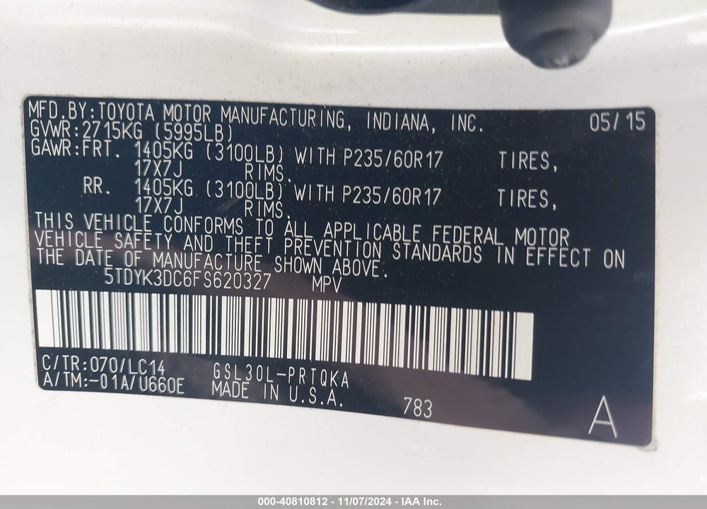 2015 TOYOTA SIENNA XLE LIMITED VIN: 5TDYK3DC6FS620327